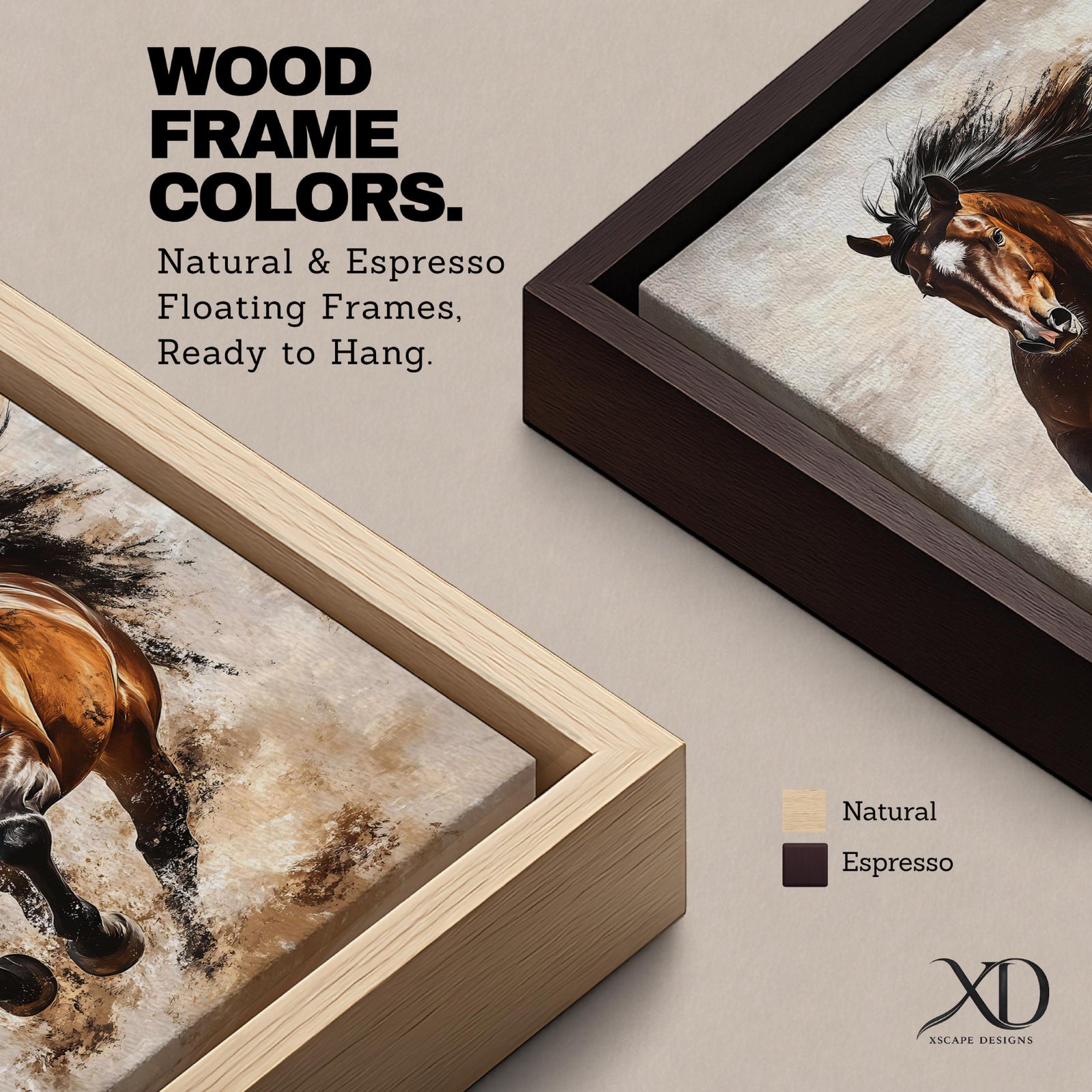 A dynamic vintage-style framed canvas wall art depicting a powerful wild stallion galloping forward with flowing mane and muscular form, capturing the energy and spirit of a running horse in a realistic animal portrait style with rustic textures and muted background tones.