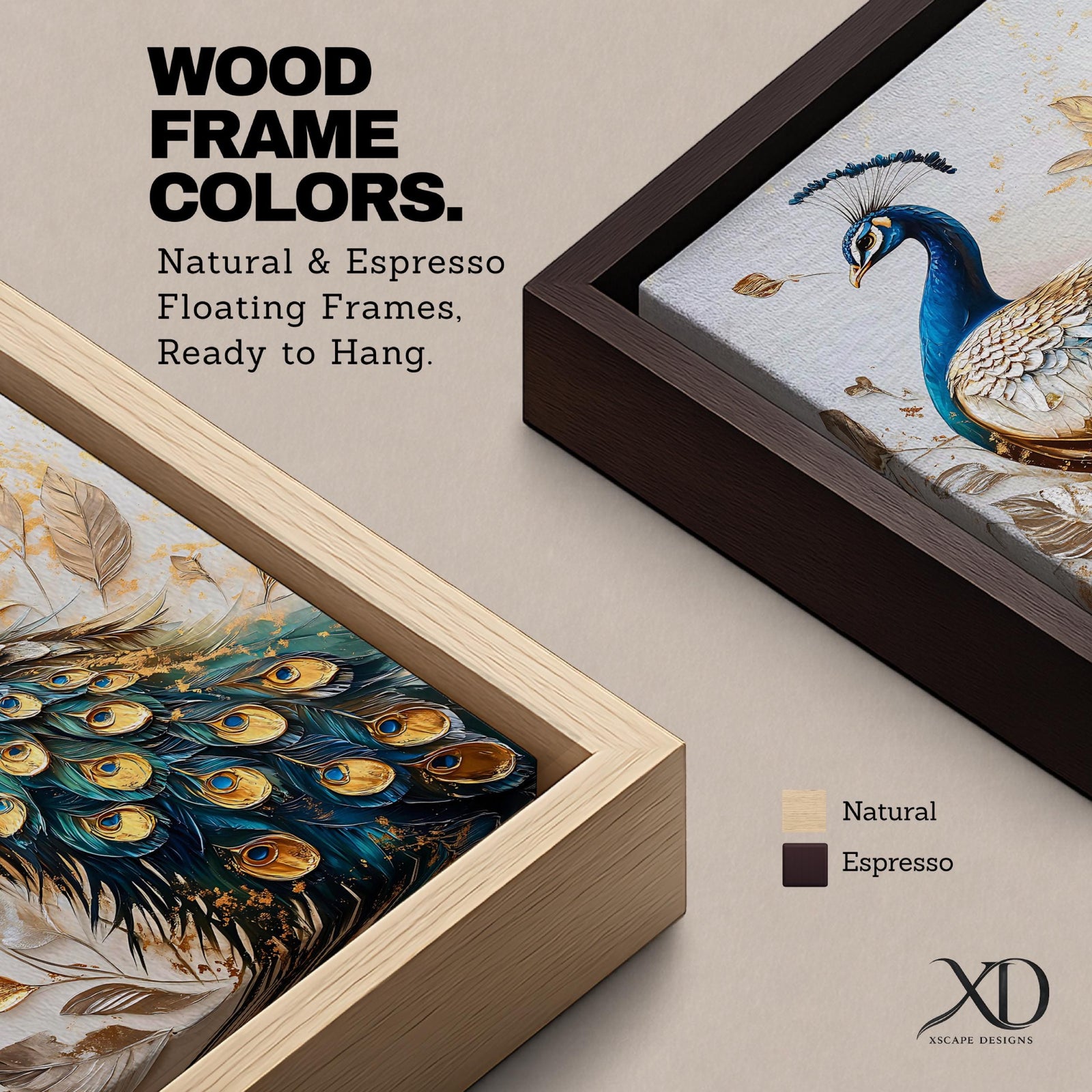 A detailed vintage-style framed canvas wall art featuring a peacock with intricate feathers and botanical elements. The artwork highlights the peacock’s elegant plumage with gold and blue tones in a classic vintage visual style, emphasizing natural animal beauty and botanical motifs.