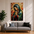 Mosaic style illustration of Our Lady of Guadalupe also known as the Mexican Virgencita standing with hands clasped in prayer, wearing a rose colored gown and a teal mantle covered with gold stars, surrounded by radiant golden rays and composed of small colorful tile patterns with a small angel beneath her in Mexican Catholic devotional style.