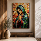 Mosaic style illustration of Our Lady of Guadalupe also known as the Mexican Virgencita standing with hands clasped in prayer, wearing a rose colored gown and a teal mantle covered with gold stars, surrounded by radiant golden rays and composed of small colorful tile patterns with a small angel beneath her in Mexican Catholic devotional style.