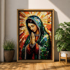 Mosaic style illustration of Our Lady of Guadalupe also known as the Mexican Virgencita standing with hands clasped in prayer, wearing a rose colored gown and a teal mantle covered with gold stars, surrounded by radiant golden rays and composed of small colorful tile patterns with a small angel beneath her in Mexican Catholic devotional style.