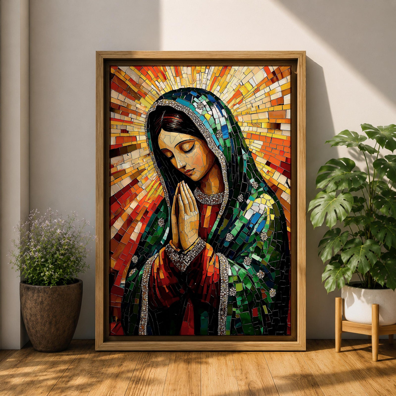 Mosaic style illustration of Our Lady of Guadalupe also known as the Mexican Virgencita standing with hands clasped in prayer, wearing a rose colored gown and a teal mantle covered with gold stars, surrounded by radiant golden rays and composed of small colorful tile patterns with a small angel beneath her in Mexican Catholic devotional style.