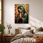 Mosaic style illustration of Our Lady of Guadalupe also known as the Mexican Virgencita standing with hands clasped in prayer, wearing a rose colored gown and a teal mantle covered with gold stars, surrounded by radiant golden rays and composed of small colorful tile patterns with a small angel beneath her in Mexican Catholic devotional style.
