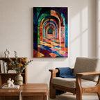 Colorful abstract artwork of repeating Islamic geometric arches forming a sacred corridor tunnel, with vibrant mosaic-like shapes and layered architectural arches creating depth and perspective reminiscent of a mosque interior.