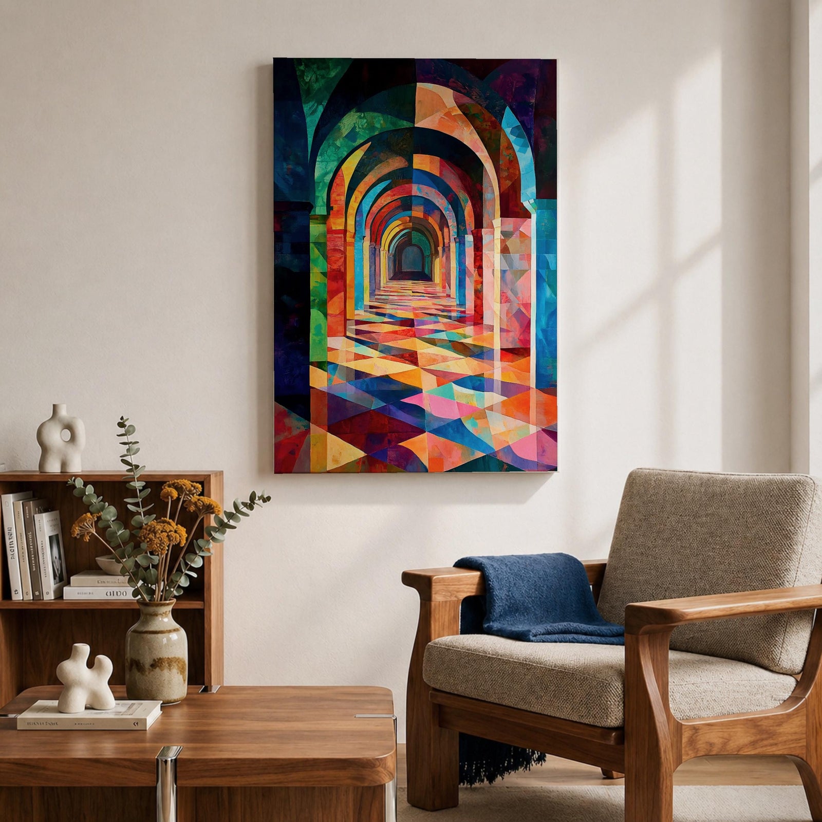 Colorful abstract artwork of repeating Islamic geometric arches forming a sacred corridor tunnel, with vibrant mosaic-like shapes and layered architectural arches creating depth and perspective reminiscent of a mosque interior.