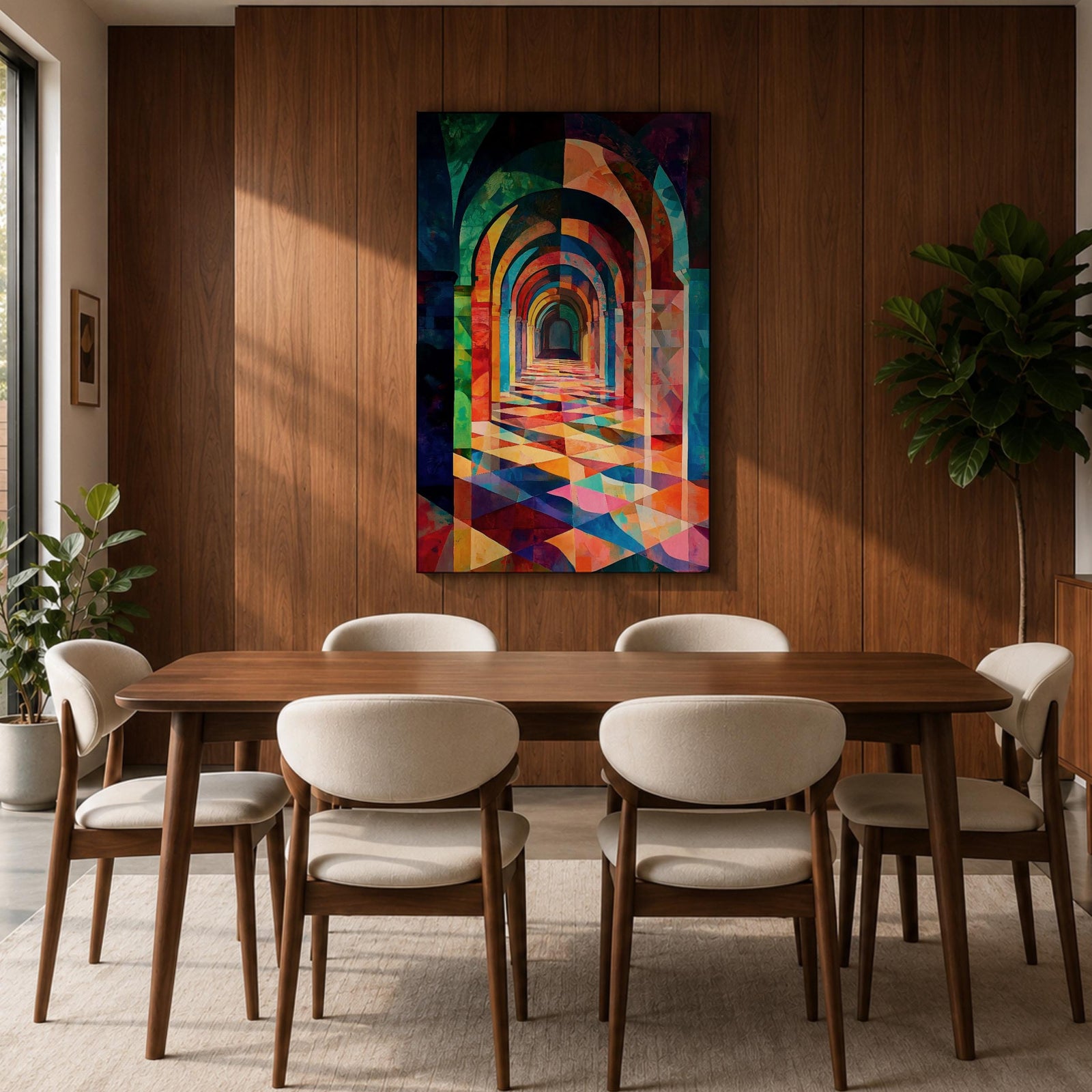 Colorful abstract artwork of repeating Islamic geometric arches forming a sacred corridor tunnel, with vibrant mosaic-like shapes and layered architectural arches creating depth and perspective reminiscent of a mosque interior.
