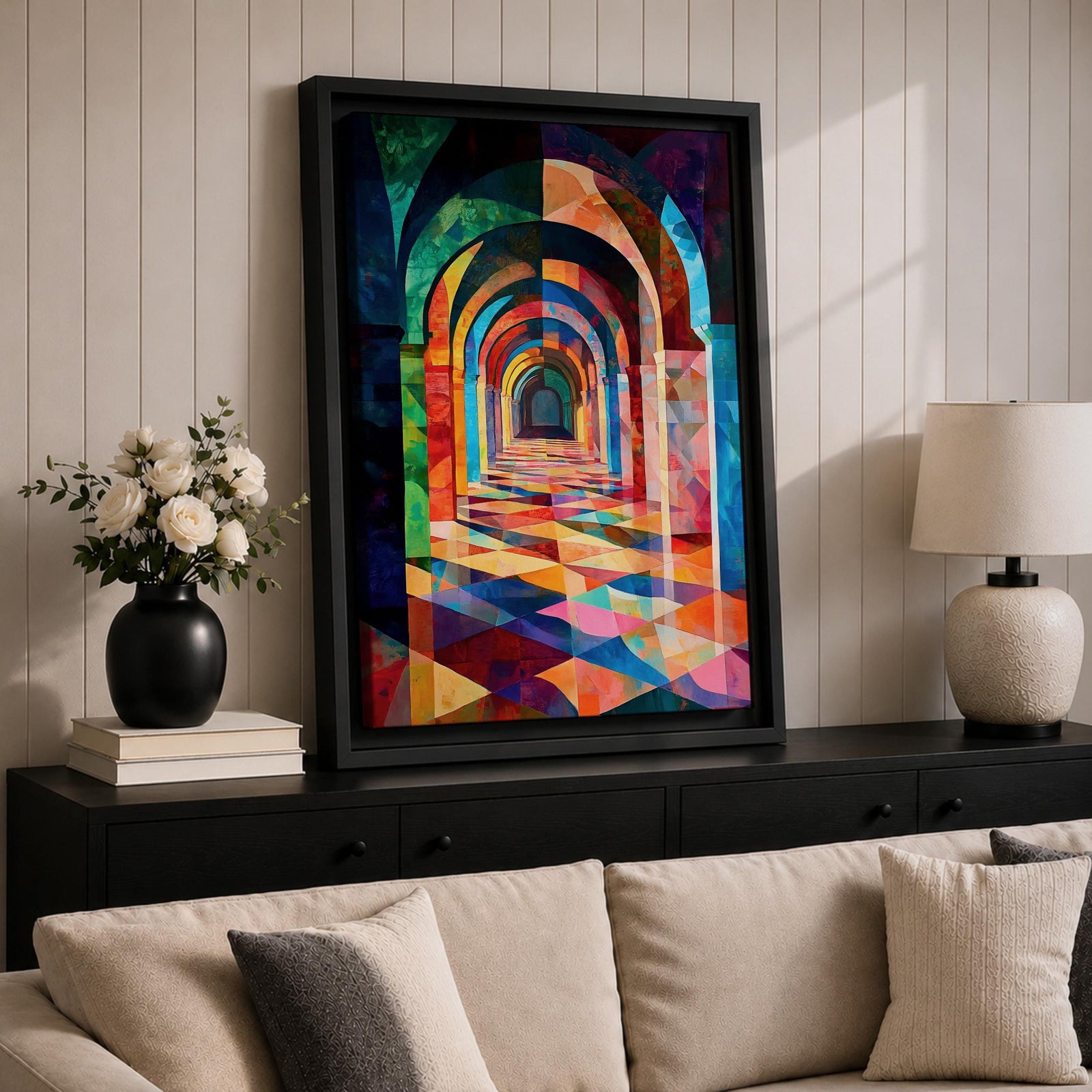 Colorful abstract artwork of repeating Islamic geometric arches forming a sacred corridor tunnel, with vibrant mosaic-like shapes and layered architectural arches creating depth and perspective reminiscent of a mosque interior.