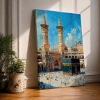 Detailed textured painting of the Kaaba at Masjid Al Haram in Mecca with two tall minarets, pilgrims surrounding the Kaaba, and a bright blue sky above the grand mosque courtyard.
