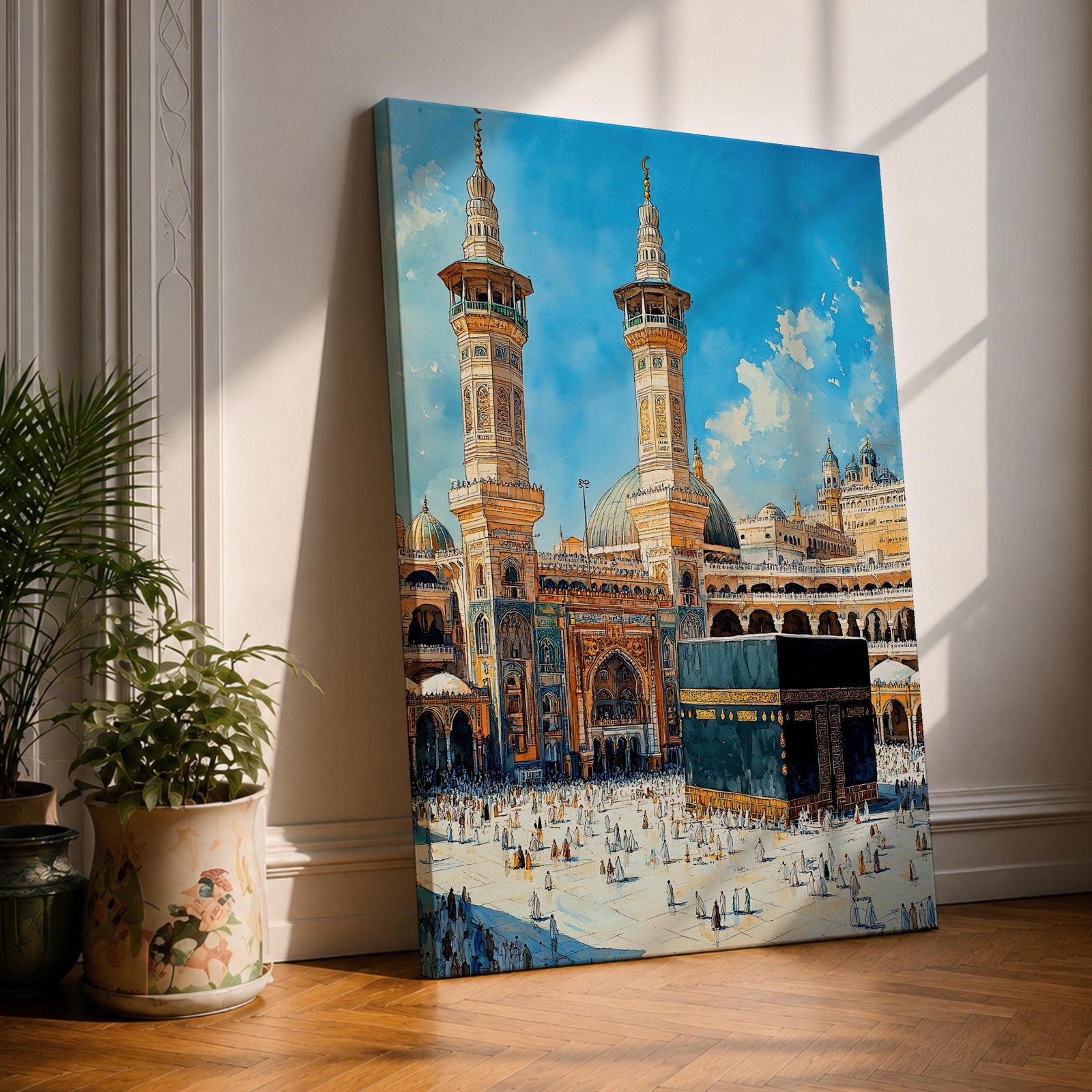 Detailed textured painting of the Kaaba at Masjid Al Haram in Mecca with two tall minarets, pilgrims surrounding the Kaaba, and a bright blue sky above the grand mosque courtyard.