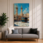 Detailed textured painting of the Kaaba at Masjid Al Haram in Mecca with two tall minarets, pilgrims surrounding the Kaaba, and a bright blue sky above the grand mosque courtyard.