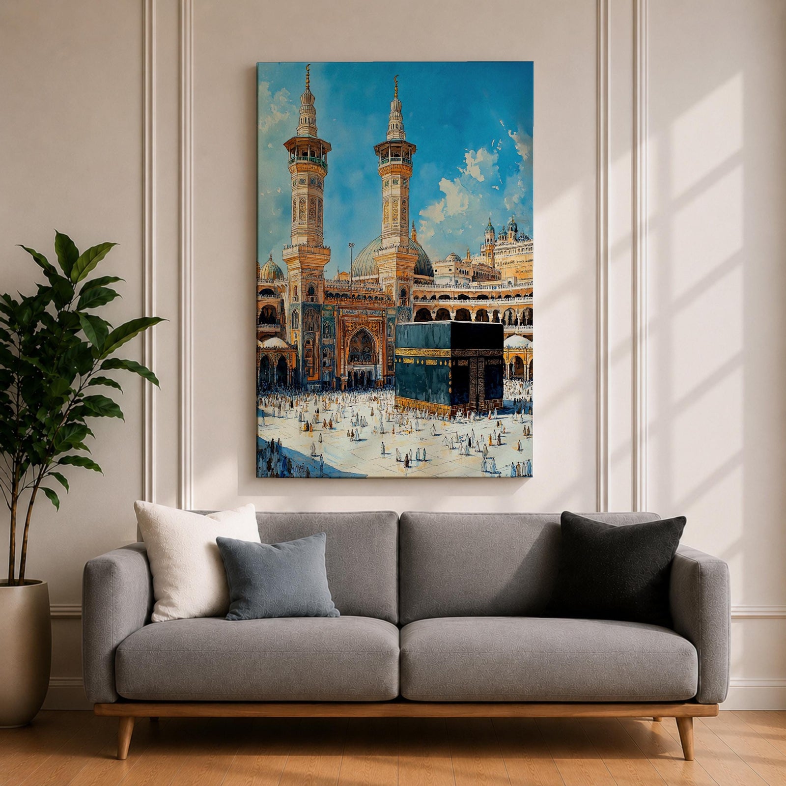 Detailed textured painting of the Kaaba at Masjid Al Haram in Mecca with two tall minarets, pilgrims surrounding the Kaaba, and a bright blue sky above the grand mosque courtyard.