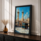 Detailed textured painting of the Kaaba at Masjid Al Haram in Mecca with two tall minarets, pilgrims surrounding the Kaaba, and a bright blue sky above the grand mosque courtyard.