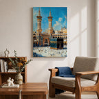 Detailed textured painting of the Kaaba at Masjid Al Haram in Mecca with two tall minarets, pilgrims surrounding the Kaaba, and a bright blue sky above the grand mosque courtyard.