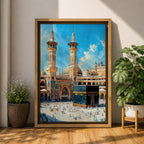 Detailed textured painting of the Kaaba at Masjid Al Haram in Mecca with two tall minarets, pilgrims surrounding the Kaaba, and a bright blue sky above the grand mosque courtyard.