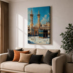 Detailed textured painting of the Kaaba at Masjid Al Haram in Mecca with two tall minarets, pilgrims surrounding the Kaaba, and a bright blue sky above the grand mosque courtyard.