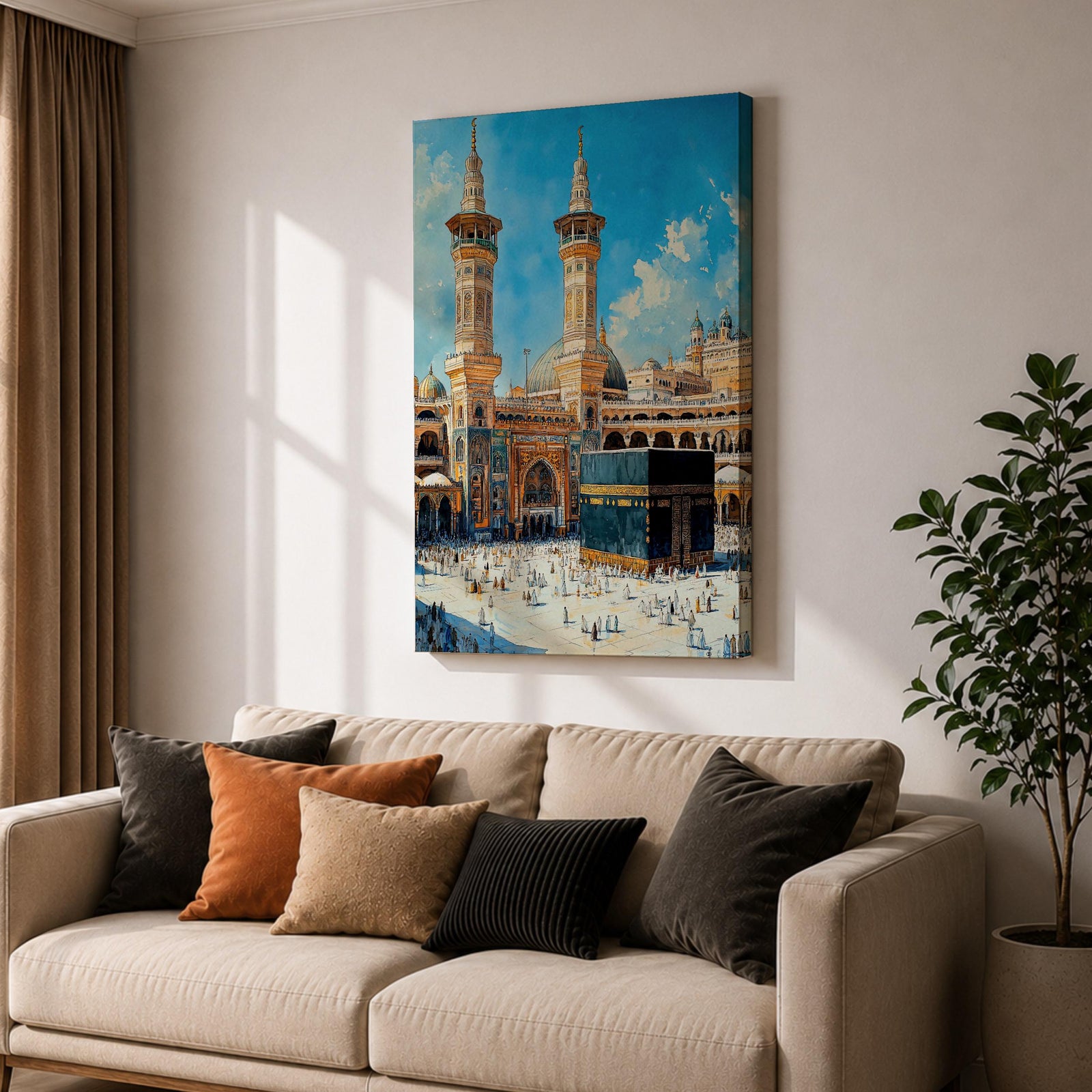 Detailed textured painting of the Kaaba at Masjid Al Haram in Mecca with two tall minarets, pilgrims surrounding the Kaaba, and a bright blue sky above the grand mosque courtyard.