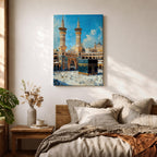 Detailed textured painting of the Kaaba at Masjid Al Haram in Mecca with two tall minarets, pilgrims surrounding the Kaaba, and a bright blue sky above the grand mosque courtyard.