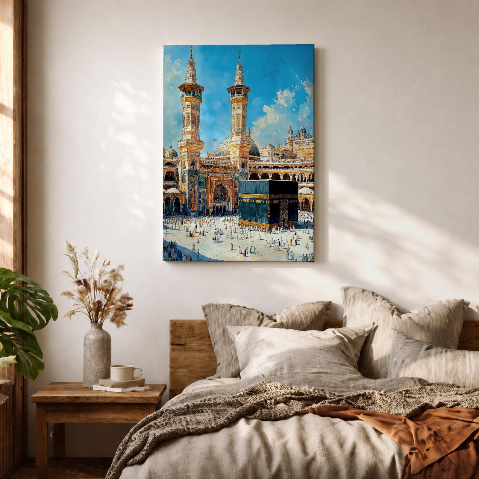 Detailed textured painting of the Kaaba at Masjid Al Haram in Mecca with two tall minarets, pilgrims surrounding the Kaaba, and a bright blue sky above the grand mosque courtyard.