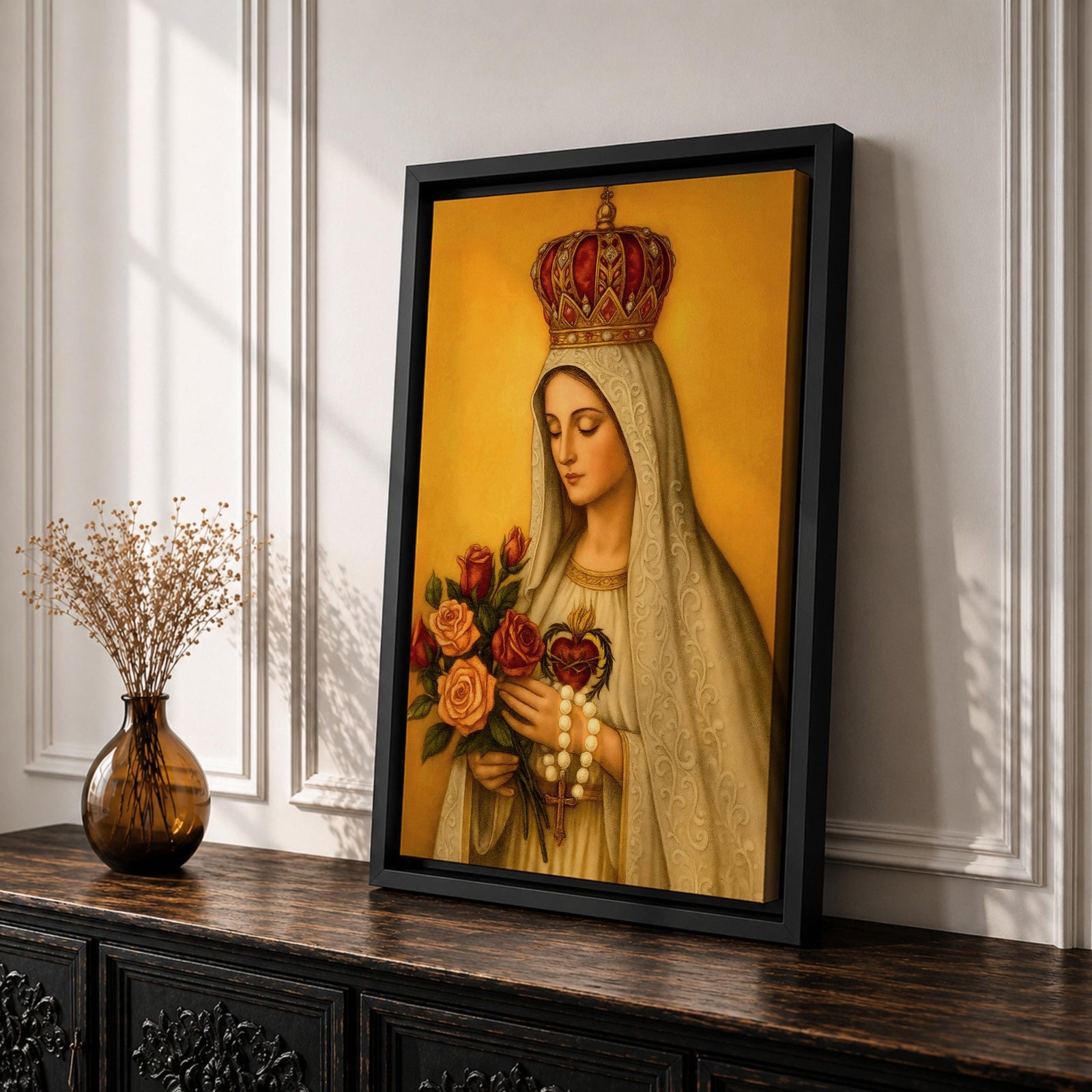 Devotional painting of Our Lady of Fatima wearing a white veil and ornate crown while holding a bouquet of roses and a rosary in her hands, with the Sacred Heart visible on her chest, rendered in a classical Catholic icon style against a warm golden background with serene Marian expression.