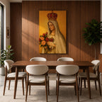 Devotional painting of Our Lady of Fatima wearing a white veil and ornate crown while holding a bouquet of roses and a rosary in her hands, with the Sacred Heart visible on her chest, rendered in a classical Catholic icon style against a warm golden background with serene Marian expression.