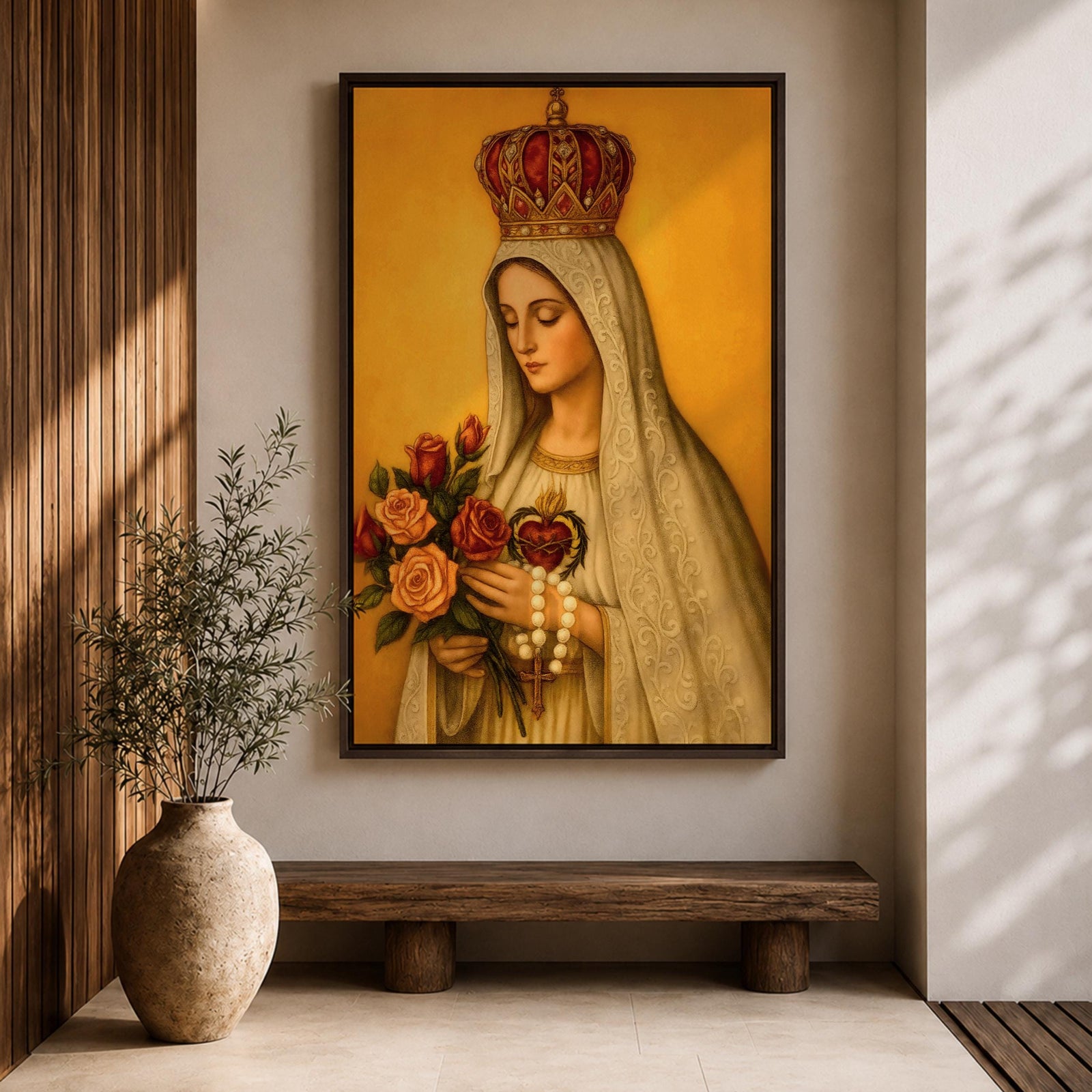 Devotional painting of Our Lady of Fatima wearing a white veil and ornate crown while holding a bouquet of roses and a rosary in her hands, with the Sacred Heart visible on her chest, rendered in a classical Catholic icon style against a warm golden background with serene Marian expression.