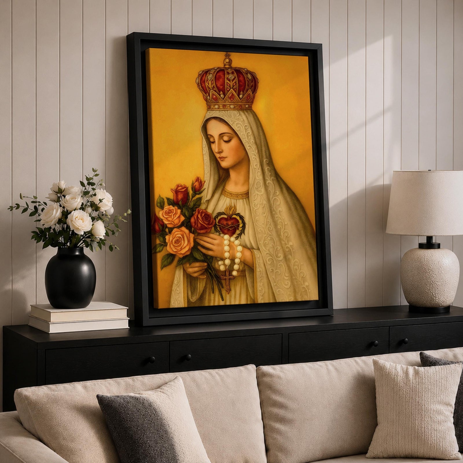 Devotional painting of Our Lady of Fatima wearing a white veil and ornate crown while holding a bouquet of roses and a rosary in her hands, with the Sacred Heart visible on her chest, rendered in a classical Catholic icon style against a warm golden background with serene Marian expression.