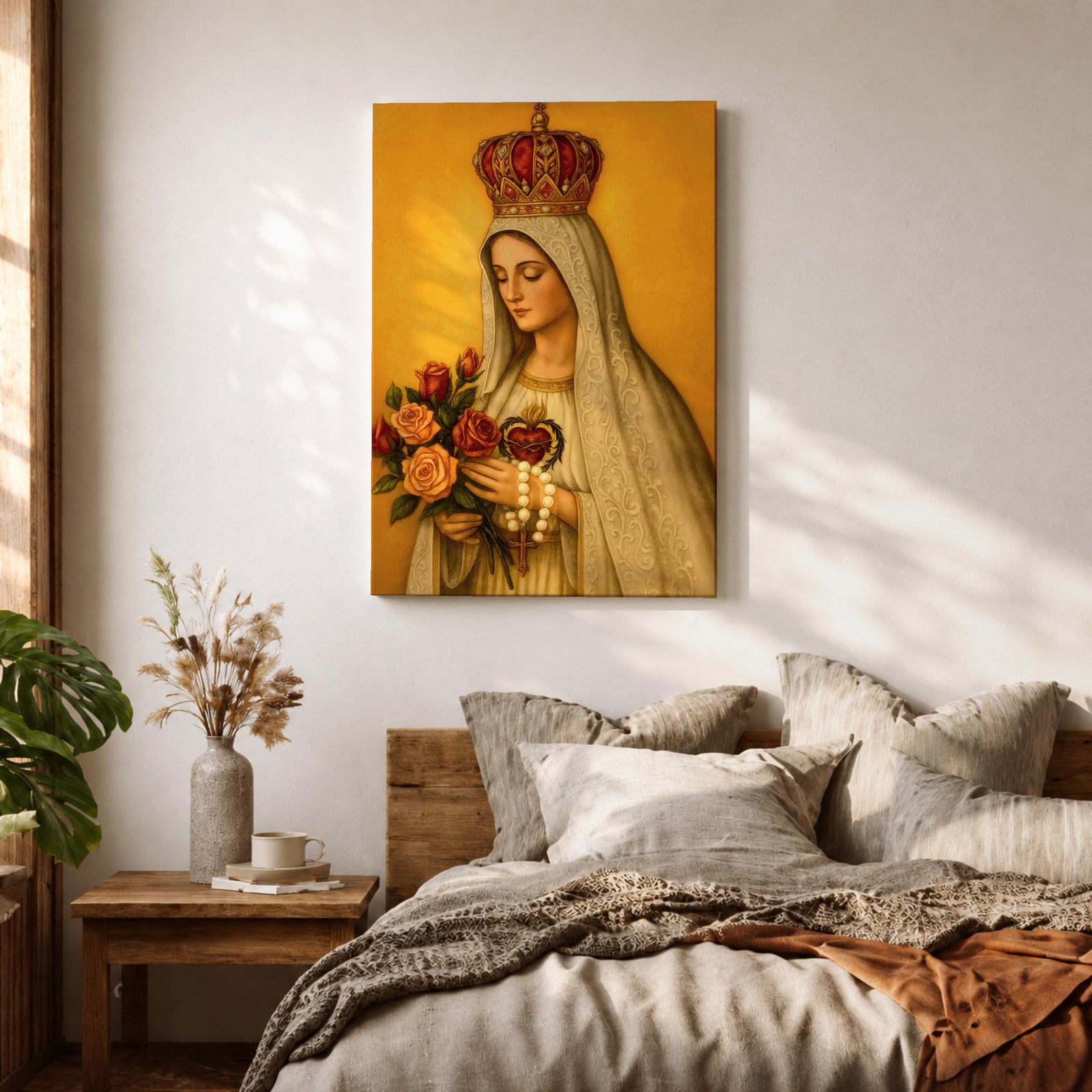 Devotional painting of Our Lady of Fatima wearing a white veil and ornate crown while holding a bouquet of roses and a rosary in her hands, with the Sacred Heart visible on her chest, rendered in a classical Catholic icon style against a warm golden background with serene Marian expression.