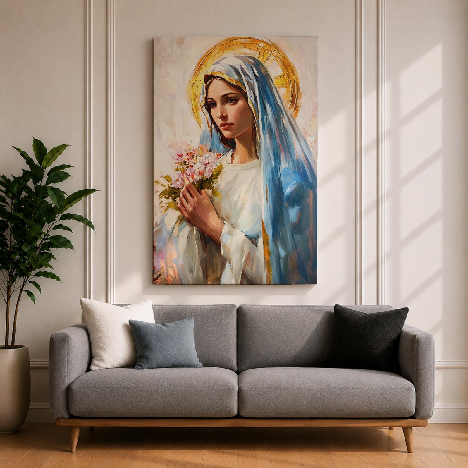 A vintage-style framed canvas painting of Blessed Virgin Mary depicted as Our Lady of Grace, holding a bouquet of flowers with a golden halo behind her head. The artwork features soft brushstrokes and a classic religious portrait style emphasizing serene expression and traditional Marian iconography.