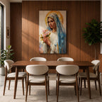 A vintage-style framed canvas painting of Blessed Virgin Mary depicted as Our Lady of Grace, holding a bouquet of flowers with a golden halo behind her head. The artwork features soft brushstrokes and a classic religious portrait style emphasizing serene expression and traditional Marian iconography.