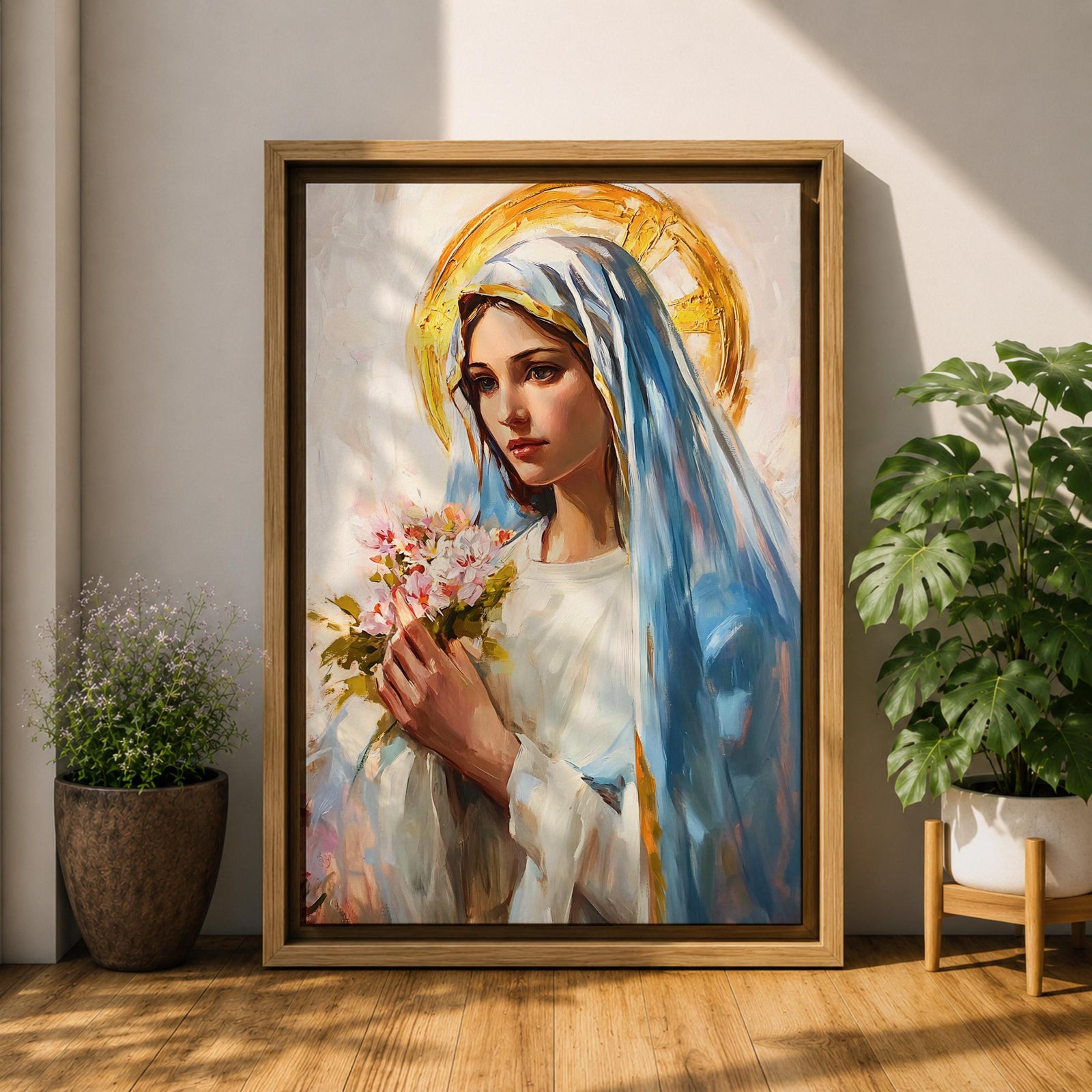 A vintage-style framed canvas painting of Blessed Virgin Mary depicted as Our Lady of Grace, holding a bouquet of flowers with a golden halo behind her head. The artwork features soft brushstrokes and a classic religious portrait style emphasizing serene expression and traditional Marian iconography.