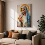 A vintage-style framed canvas painting of Blessed Virgin Mary depicted as Our Lady of Grace, holding a bouquet of flowers with a golden halo behind her head. The artwork features soft brushstrokes and a classic religious portrait style emphasizing serene expression and traditional Marian iconography.