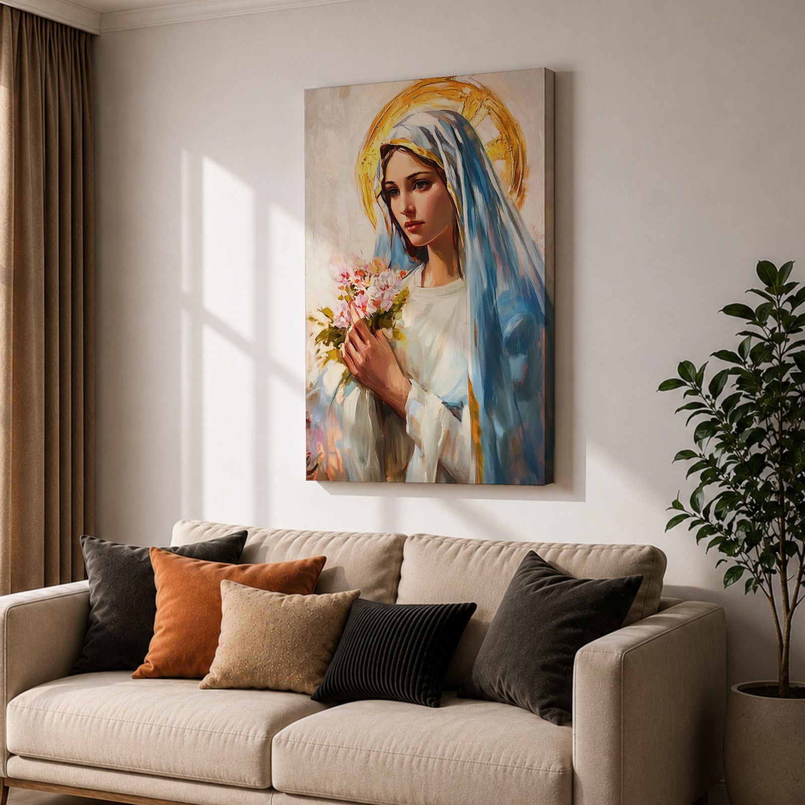 A vintage-style framed canvas painting of Blessed Virgin Mary depicted as Our Lady of Grace, holding a bouquet of flowers with a golden halo behind her head. The artwork features soft brushstrokes and a classic religious portrait style emphasizing serene expression and traditional Marian iconography.
