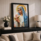 A vintage-style framed canvas painting of Blessed Virgin Mary depicted as Our Lady of Grace, holding a bouquet of flowers with a golden halo behind her head. The artwork features soft brushstrokes and a classic religious portrait style emphasizing serene expression and traditional Marian iconography.