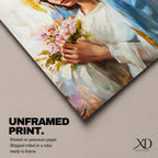 A vintage-style framed canvas painting of Blessed Virgin Mary depicted as Our Lady of Grace, holding a bouquet of flowers with a golden halo behind her head. The artwork features soft brushstrokes and a classic religious portrait style emphasizing serene expression and traditional Marian iconography.