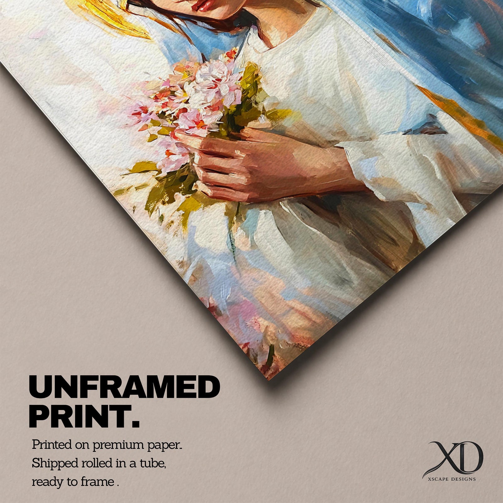 A vintage-style framed canvas painting of Blessed Virgin Mary depicted as Our Lady of Grace, holding a bouquet of flowers with a golden halo behind her head. The artwork features soft brushstrokes and a classic religious portrait style emphasizing serene expression and traditional Marian iconography.