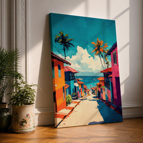 A vibrant painting depicting a tropical beach village with colorful houses lining a descending street toward the ocean. Palm trees rise above the rooftops under a bright blue sky with fluffy clouds. The artwork captures a lively coastal town atmosphere in a bold, illustrative style.