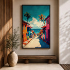 A vibrant painting depicting a tropical beach village with colorful houses lining a descending street toward the ocean. Palm trees rise above the rooftops under a bright blue sky with fluffy clouds. The artwork captures a lively coastal town atmosphere in a bold, illustrative style.