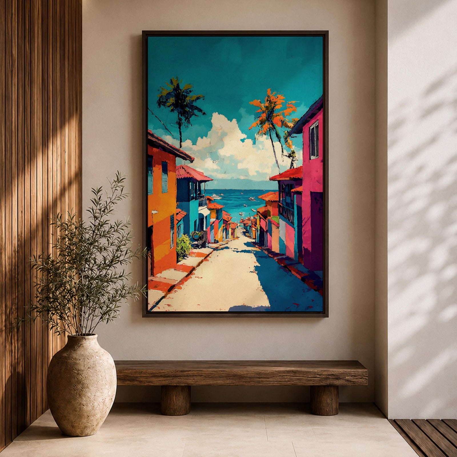 A vibrant painting depicting a tropical beach village with colorful houses lining a descending street toward the ocean. Palm trees rise above the rooftops under a bright blue sky with fluffy clouds. The artwork captures a lively coastal town atmosphere in a bold, illustrative style.