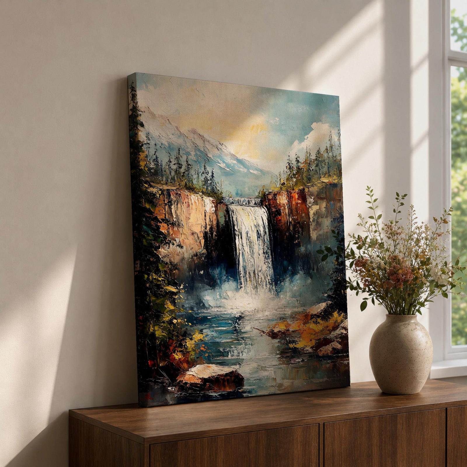 This impasto style framed canvas features a waterfall cascading between rocky cliffs surrounded by dense forest and mist, with textured brushstrokes creating a vivid landscape scene of nature’s power and tranquility.