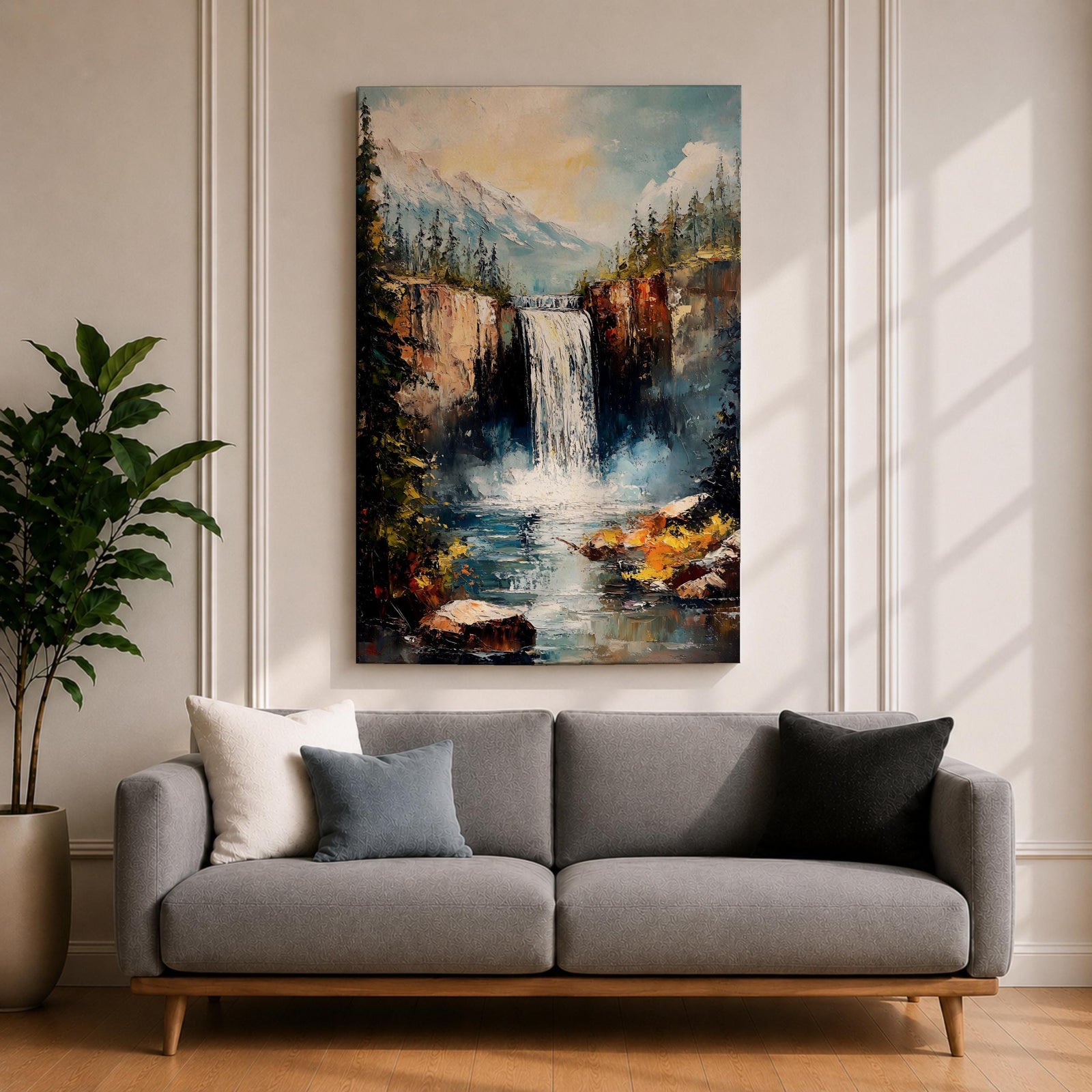 This impasto style framed canvas features a waterfall cascading between rocky cliffs surrounded by dense forest and mist, with textured brushstrokes creating a vivid landscape scene of nature’s power and tranquility.