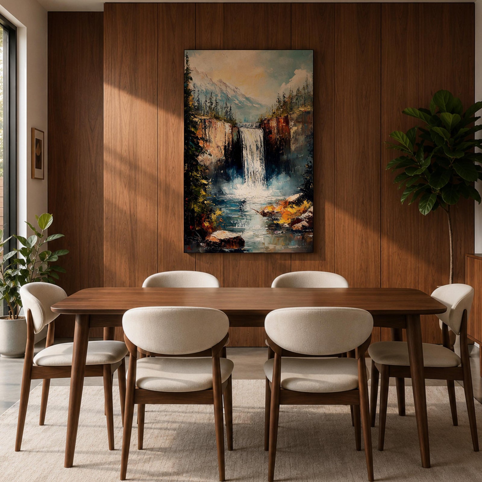 This impasto style framed canvas features a waterfall cascading between rocky cliffs surrounded by dense forest and mist, with textured brushstrokes creating a vivid landscape scene of nature’s power and tranquility.