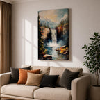 This impasto style framed canvas features a waterfall cascading between rocky cliffs surrounded by dense forest and mist, with textured brushstrokes creating a vivid landscape scene of nature’s power and tranquility.