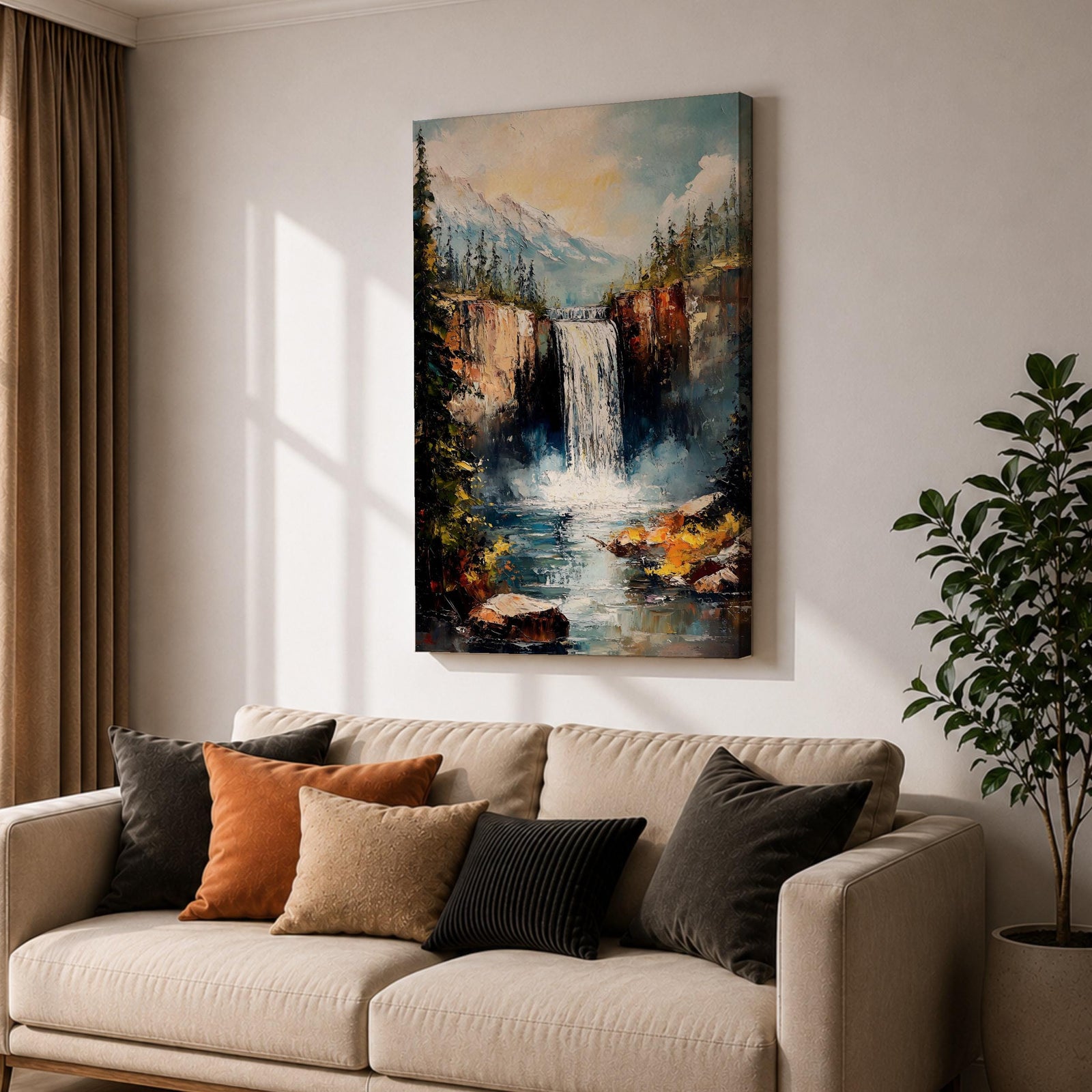 This impasto style framed canvas features a waterfall cascading between rocky cliffs surrounded by dense forest and mist, with textured brushstrokes creating a vivid landscape scene of nature’s power and tranquility.