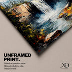 This impasto style framed canvas features a waterfall cascading between rocky cliffs surrounded by dense forest and mist, with textured brushstrokes creating a vivid landscape scene of nature’s power and tranquility.