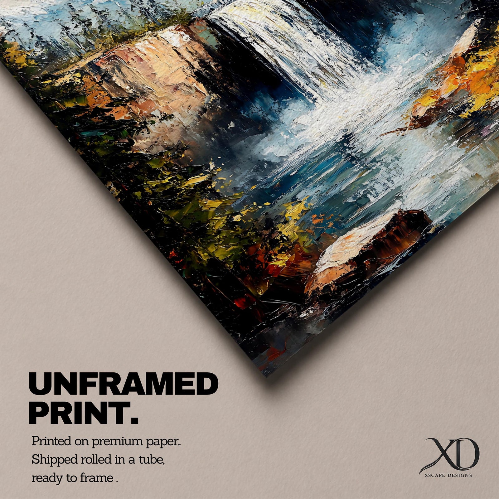 This impasto style framed canvas features a waterfall cascading between rocky cliffs surrounded by dense forest and mist, with textured brushstrokes creating a vivid landscape scene of nature’s power and tranquility.
