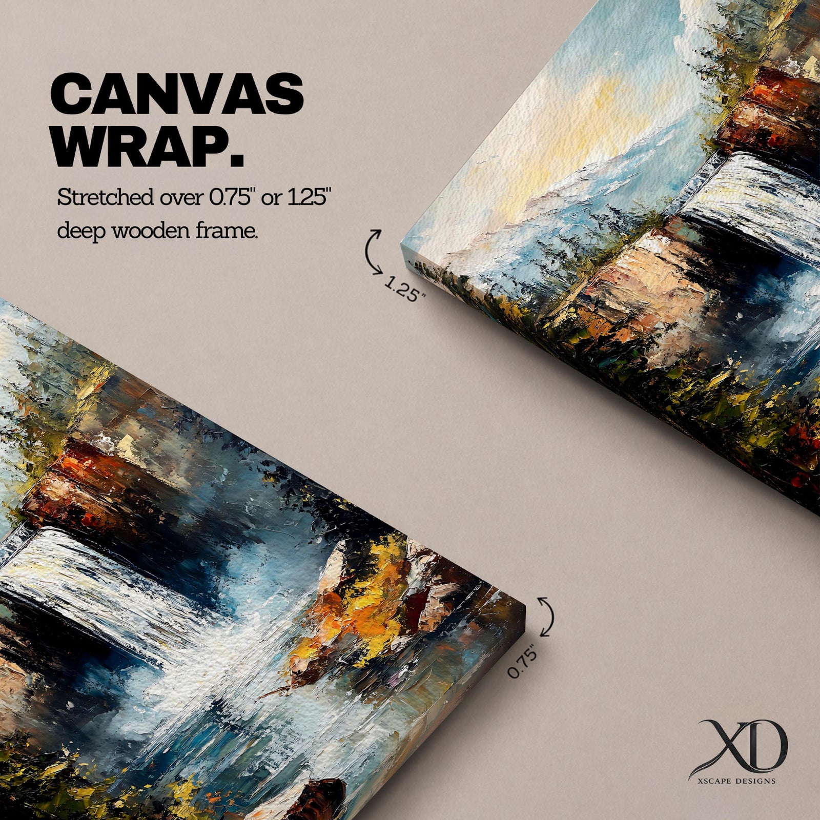 This impasto style framed canvas features a waterfall cascading between rocky cliffs surrounded by dense forest and mist, with textured brushstrokes creating a vivid landscape scene of nature’s power and tranquility.