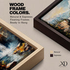 This impasto style framed canvas features a waterfall cascading between rocky cliffs surrounded by dense forest and mist, with textured brushstrokes creating a vivid landscape scene of nature’s power and tranquility.