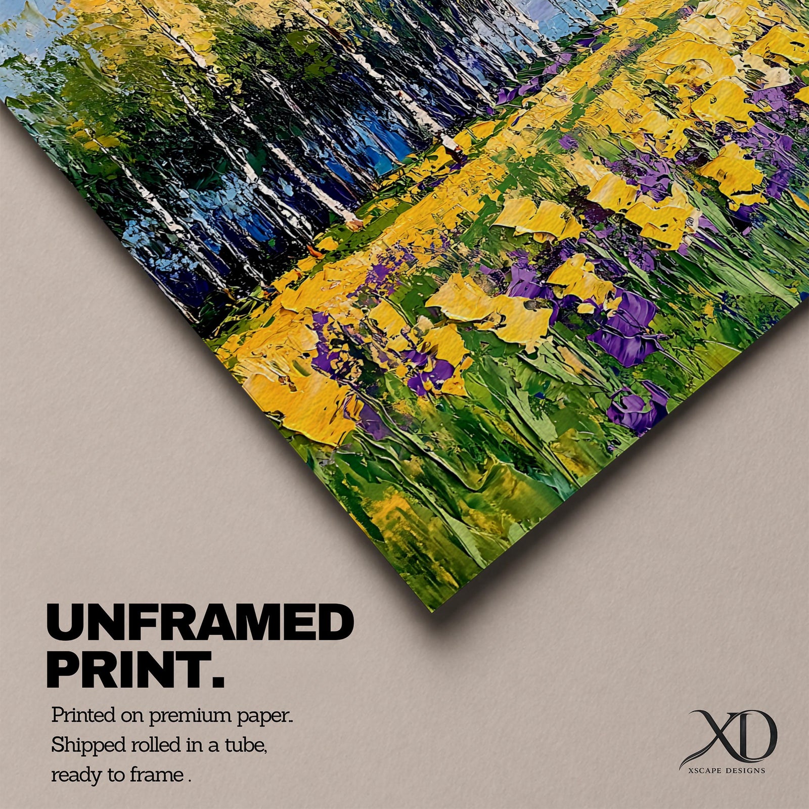 An impasto style painting of a wildflower field featuring tall yellow flowers and purple blooms with a backdrop of trees and a vibrant sky. The textured brushstrokes create a rich, tactile surface emphasizing the natural landscape and floral elements in a colorful, expressive manner.