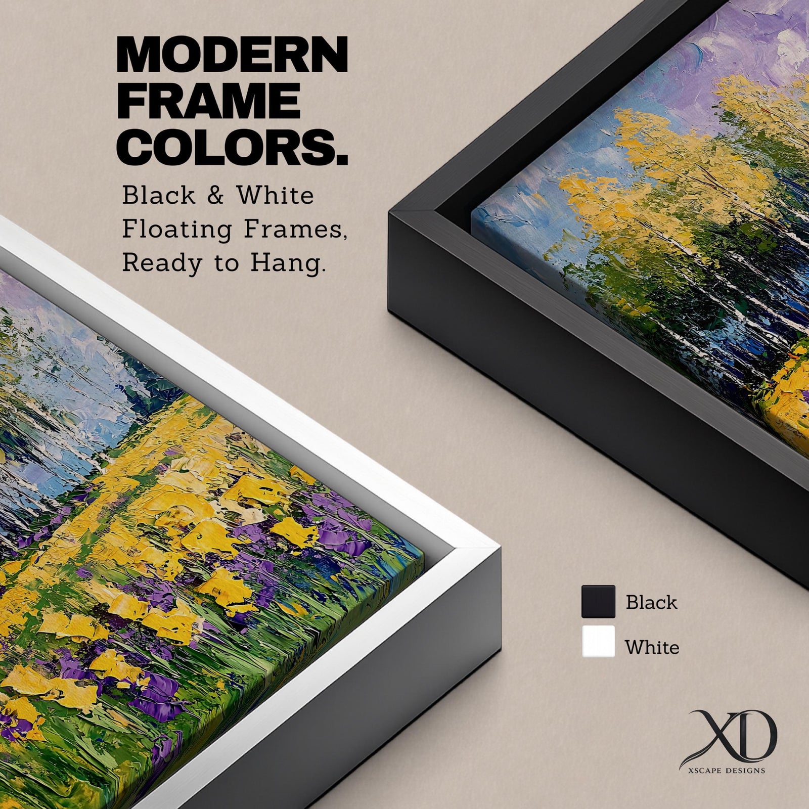 An impasto style painting of a wildflower field featuring tall yellow flowers and purple blooms with a backdrop of trees and a vibrant sky. The textured brushstrokes create a rich, tactile surface emphasizing the natural landscape and floral elements in a colorful, expressive manner.