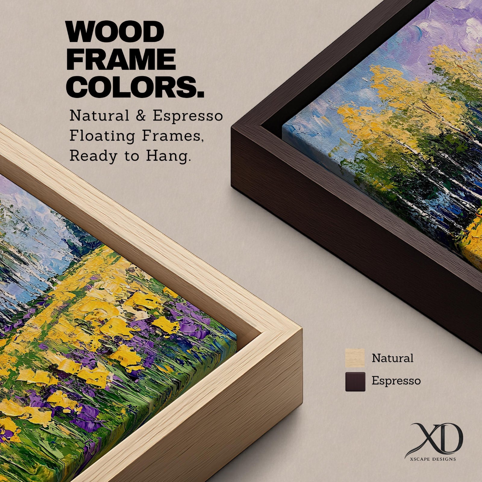 An impasto style painting of a wildflower field featuring tall yellow flowers and purple blooms with a backdrop of trees and a vibrant sky. The textured brushstrokes create a rich, tactile surface emphasizing the natural landscape and floral elements in a colorful, expressive manner.